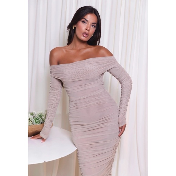 Label Nue NWTLILLIE TAUPE DRESS Elegant Off-Shoulder Beige Dress - Picture 4 of 4